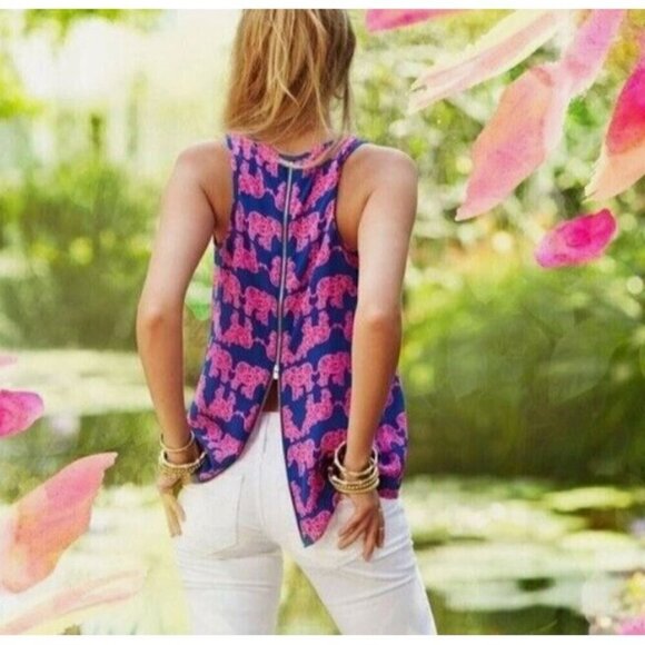 Lilly Pulitzer Top Womens XS Blue Pink Silk Elephant Print Tank Back Zipper Boho - Picture 5 of 10